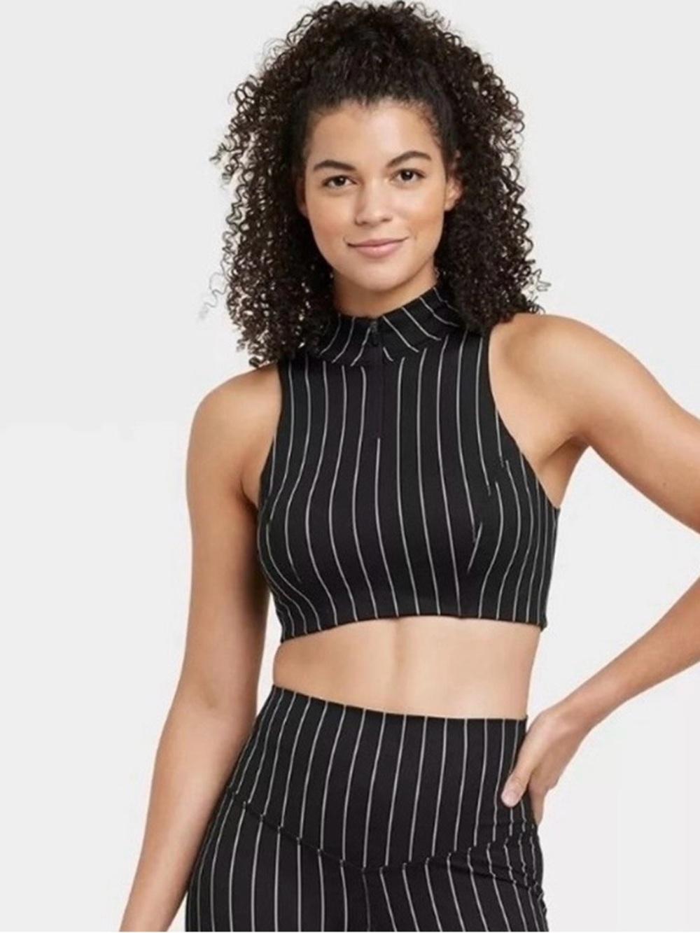 JoyLab Black Pinstripe Mock-Neck Crop Top